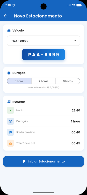 Tela de novo estacionamento do Blue Area